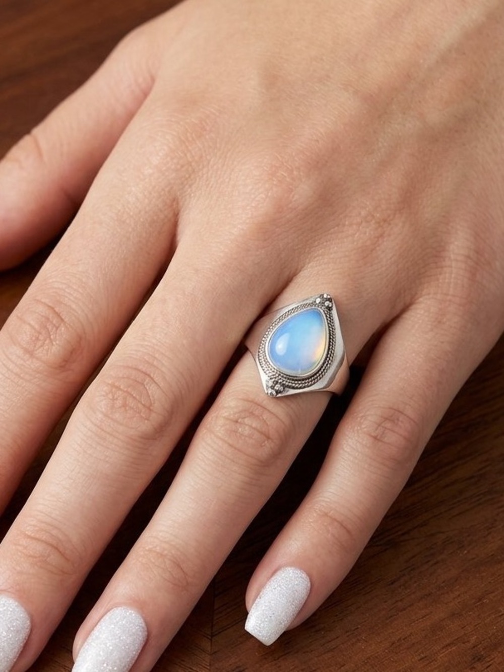 Moonstone Luminescence Teardrop Statement Ring Boho Glam Mystical Fairycore - Picture 2 of 4